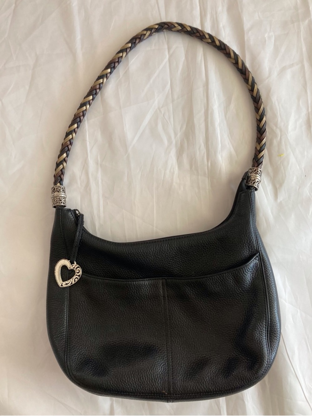 Brighton Barbados Black Pebbled Leather Ziptop Hobo Bag ,silver toned hardware